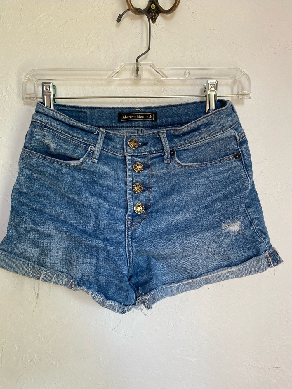 Abercrombie & Fitch High-Waist Distressed Denim Shorts in Blue Wash
